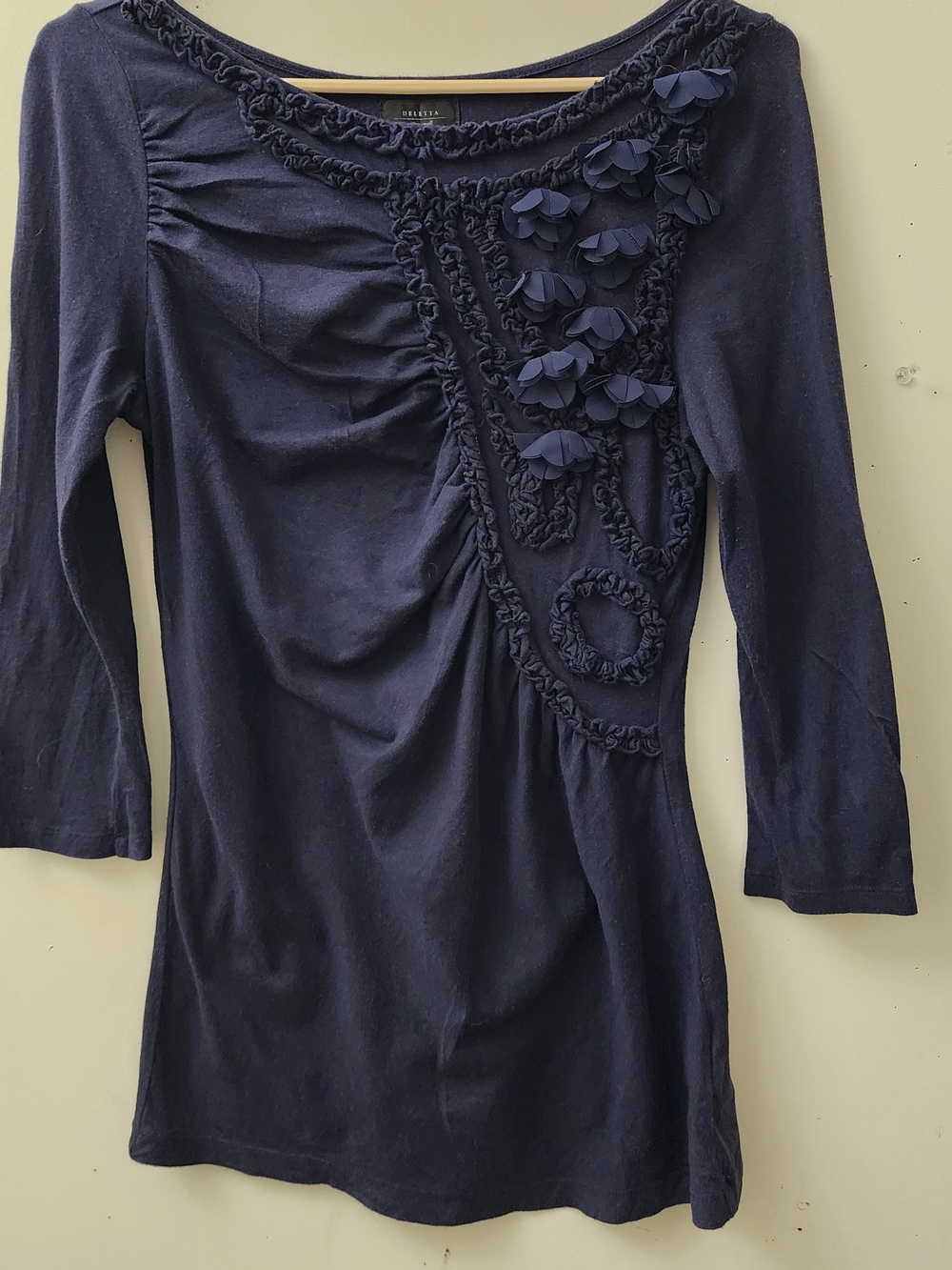 Anthropologie Deletta XS Navy Ruffle Floral Embellished Ruched Top Art To Wear